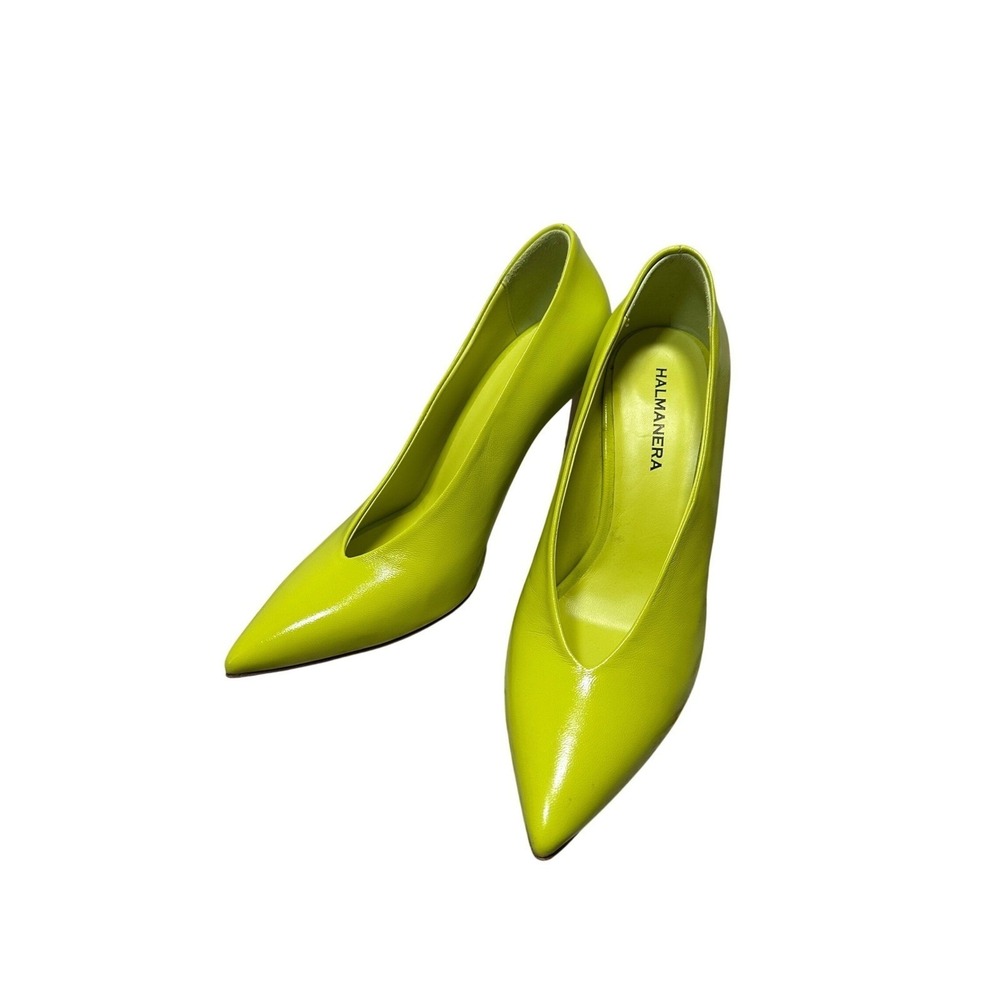 Halmanera Neon Yellow Leather Pointed Toe V-Cut Pumps/Heel Made in Italy Size 38